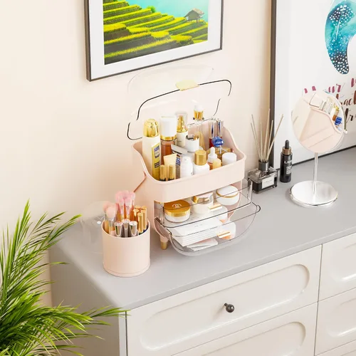 Vista 2 de Yieach Organizador de maquillaje de encimera para tocador, organizador de cuidado de la piel de gran capacidad con cajones y soporte para brochas