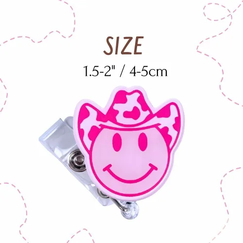 Vista 2 de Carrete retráctil para identificación de enfermera, 5 unidades, diseño retro rosa de vaquero, carita sonriente, corazón amable, arco iris