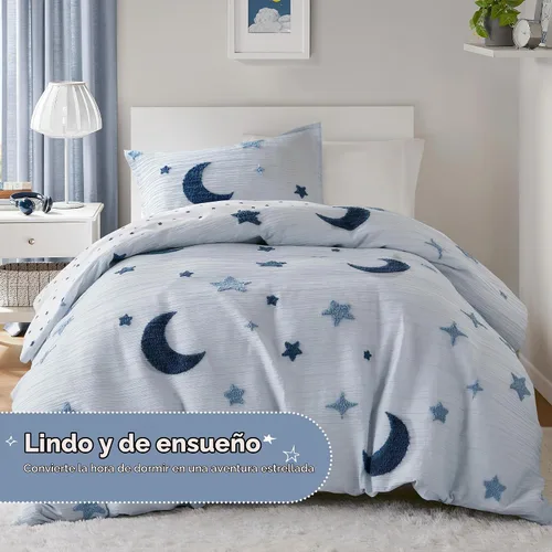 Vista 9 de Intelligent Design Kids Cosmos Juego de Edredón Tamaño Twin – Chenilla Tufted con Estrella Azul y Luna, Ropa de Cama Reversible de 2 Piezas