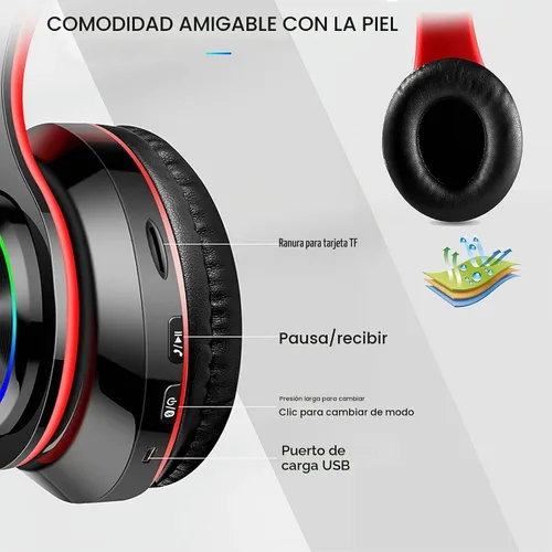 Vista 5 de Auriculares Bluetooth sobre la oreja, auriculares con luces LED y micrófono incorporado, ligeros, Bluetooth 5.0, auriculares HiFi estéreo