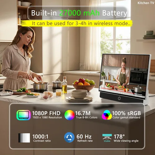 Vista 5 de TV portátil de 27 pulgadas FHD 1080P Android14 OS con Google TV, batería de 9000 mAh, Dolby Audio, 100% sRGB, asistente de Google, mango de cuero