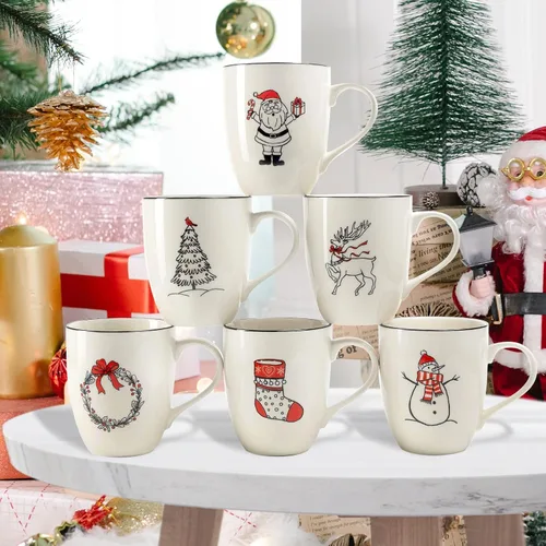 Vista 3 de LEHAHA Juego de 6 tazas de café navideñas – 473 ml Tazas de cerámica con tema festivo perfectas para café con leche, té o leche, walter, bebida