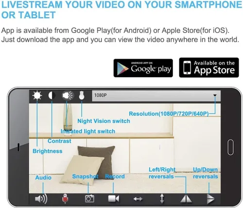 Vista 5 de Smart Indoor Baby / Pet Monitoring Cam con cargador, detección de movimiento de visión nocturna, aplicación del teléfono