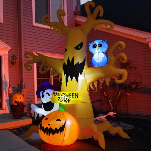 Vista 3 de GOOSH Árbol muerto inflable de Halloween de 8 pies para decoración al aire libre con fantasmas de búho y calabazas, decoraciones de patio inflables