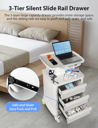 Vista 5 de Carrito móvil para escáner portátil de imágenes por ultrasonido, carrito de almacenamiento de belleza, 110 libras, carga con 3 cajones, 4 ruedas