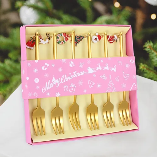 Vista 9 de Juego de cubiertos dorados de Navidad para postre, cubiertos de acero inoxidable, 6 piezas, utensilios de aperitivo con mango de abalorios