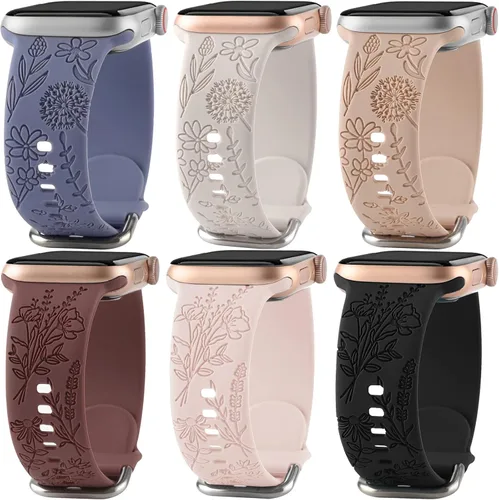 Vista 8 de Paquete de 6 correas de silicona grabadas con estampado floral compatibles con Apple Watch de 1.575 in 1.614 in 1.496 in 1.654 in 1.732 in 1.772 in