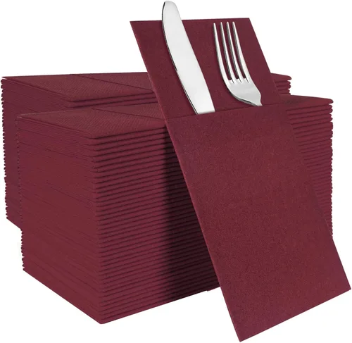 Vista 21 de Servilletas negras desechables con sensación de lino con bolsillo integrado para cubiertos, preplegadas para cuchillos y tenedores, servilletas
