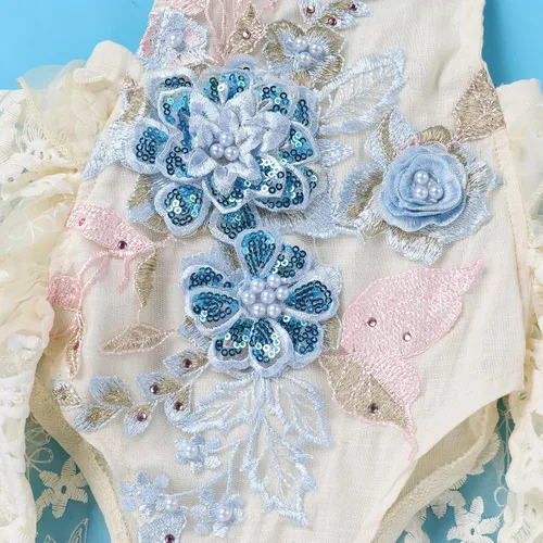 Vista 6 de Traje de primer cumpleaños para niña con volantes manga corta encaje floral vestido de tul diadema de corona sesión de fotos