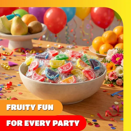 Vista 3 de Rebanadas de frutas – Paquete de 2 libras – 60 unidades – Caramelos de gelatina – Rebanadas de frutas envueltas individualmente – Sabores surtidos