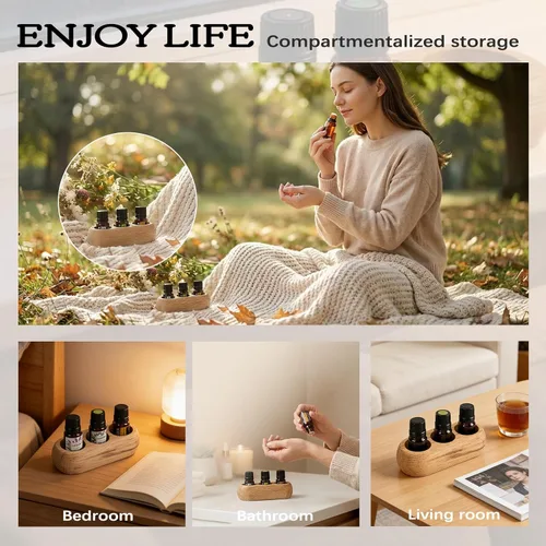 Vista 5 de RoseFlower Soporte organizador de madera para exhibición de aceites esenciales – 3 ranuras de madera de roble rojo – Capacidad para hasta 3 botellas
