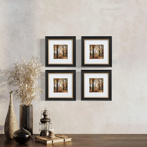 Vista 2 de Marco de Fotos Vintage Neutro Negro de 8x8 pulgadas, Perfil de Madera Maciza Pintado a Mano y Borde de Lámina Dorada Metálica Antigua, Con Paspartú