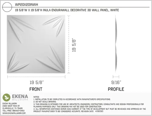 Vista 2 de Ekena Millwork WP20X20INWH 19 5/8 pulgadas de ancho x 19 5/8 pulgadas de alto Inula EnduraWall Decorativo 3D Panel de Pared Cubre 2.67 pies cuadrados
