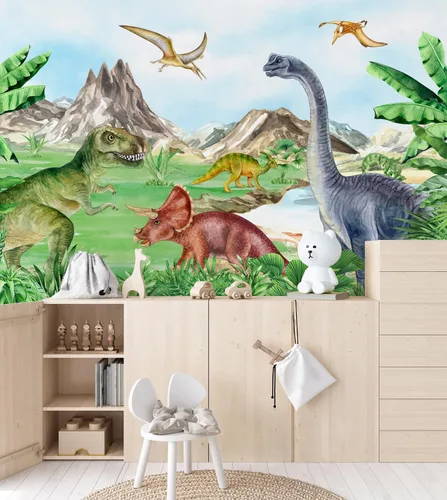 Vista 4 de Murwall Kids Soft Dinosaur Wallpaper Jurassic World Wall Mural Prehistoric Trex Wallpaper