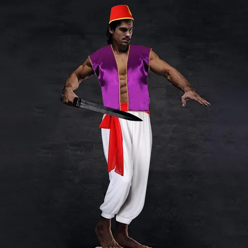 Vista 7 de Zhanmai Juego de 5 piezas de disfraz de príncipe árabe para hombre, chaleco morado, pantalones harén, sombrero de fieltro rojo Fez, banda y barba