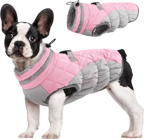 Vista 50 de Abrigo para perro, chaqueta cálida de invierno, acolchada, de vellón, chaleco reflectante con arnés, chaqueta de nieve impermeable con cremallera, a