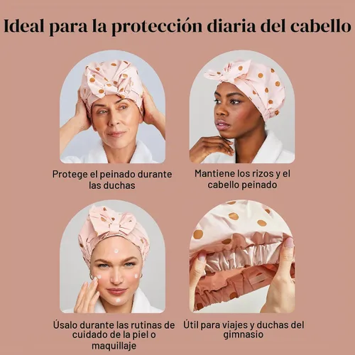Vista 6 de Gorra de ducha Kitsch Luxe, reutilizable e impermeable, resistente al moho, forrada y acondicionada Blush Dot