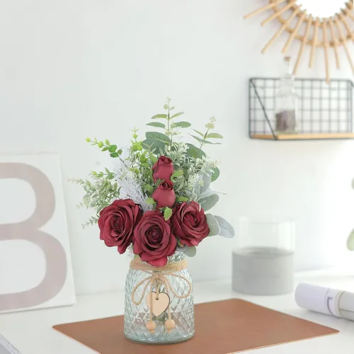 Vista 8 de Rosas artificiales de seda de 14.5 pulgadas con jarrón para decoración del Borgoña
