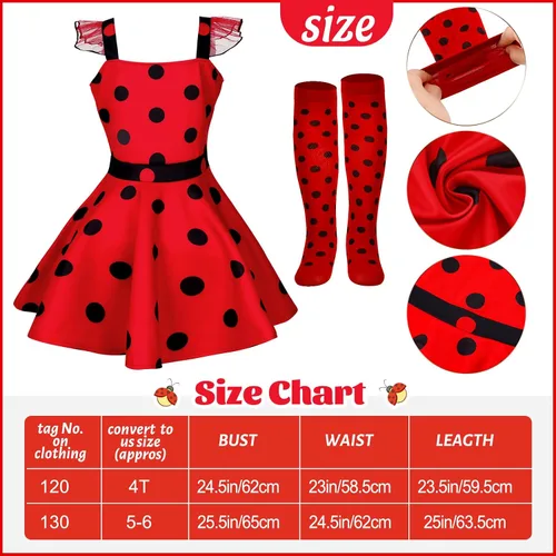 Vista 4 de Janmercy 7 piezas de vestido de mariquita para niñas con lunares tutú vestido de simulación de Halloween, fiesta de cumpleaños, regalo para niños