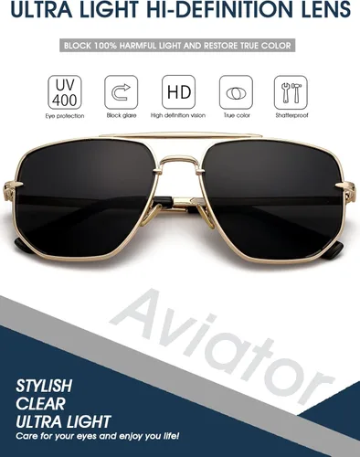 Vista 4 de PORADAY Gafas de sol cuadradas de aviador para hombres y mujeres estilo militar marco de metal gafas de sol degradadas protección UV400