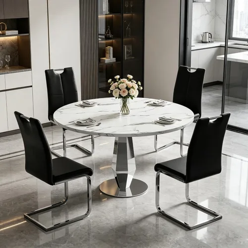 Vista 14 de Henf Mesa de comedor redonda de mármol sintético para 4 a 6 personas, mesa de cocina moderna de oro blanco de 47 pulgadas con base de acero Mesa