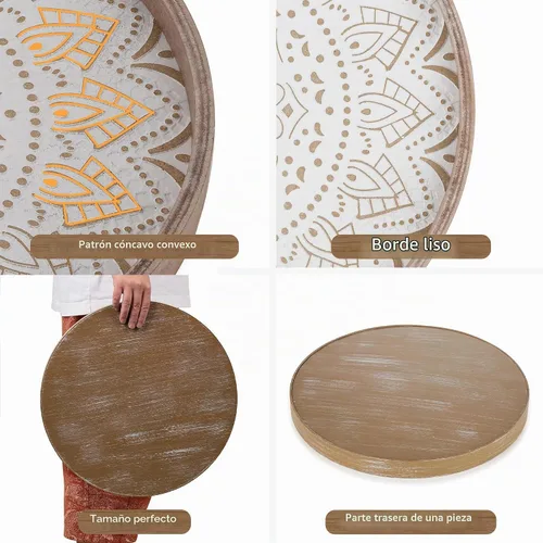 Vista 4 de Hanobe Bandeja Decorativa para Mesa de Café: Bandejas Redondas de Madera para Decoración Bohemia del Hogar, Centro de Mesa Rústico de Granja de 12