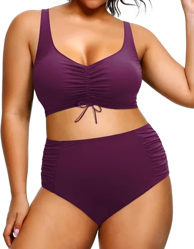Vista 5 de Tempt Me Women Plus Size High Waisted Bikini Drawstring Two Piece Swimsuit Underwire Bathing Suit