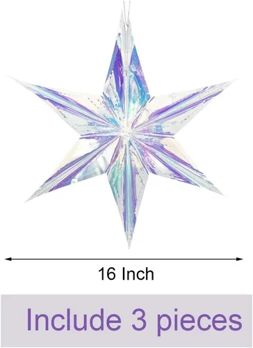 Vista 2 de Paquete de 3 adornos holográficos colgantes de estrella de 6 puntos, adorno decorativo de techo de lámina blanca iridiscente brillante para decorar
