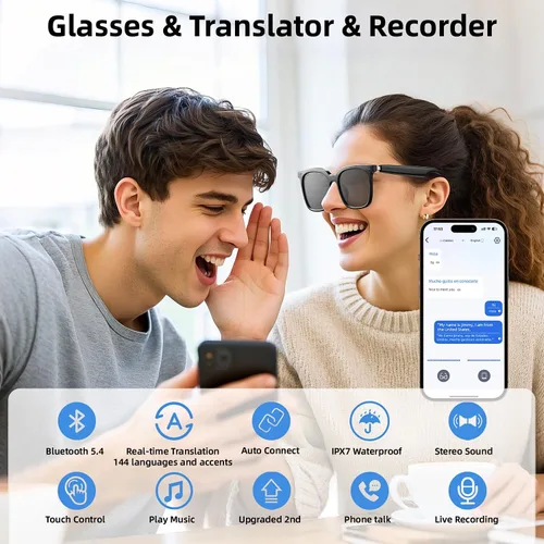 Vista 6 de Lentes inteligentes, gafas Bluetooth para hombres y mujeres, protección UV, traducción en tiempo real con más de 144 idiomas, gafas AI con chat GPT