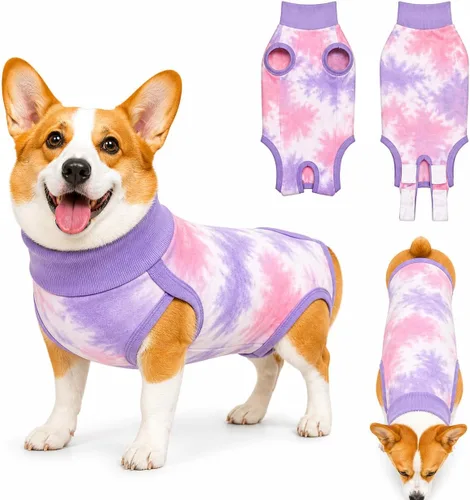 Vista 9 de Traje de recuperación transpirable para perros macho/hembra, mameluco de perro de tie dye azul para heridas abdominales, alternativa a cono y collar