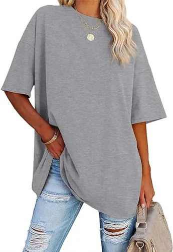 Vista 31 de Aoang Camisetas gráficas de gran tamaño para mujer, cuello redondo, manga corta, blusa