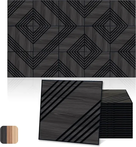 Vista 16 de Paneles acústicos, decoración de grano de madera de PVC, azulejos de pared con patrón tallado de 12 x 12 pulgadas, autoadhesivos para reducción