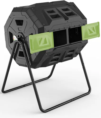 Vista 7 de Compostador giratorio mejorado 2021 con termómetro de compost - Contenedor de compost de jardín de cámara doble (43 galones, negro)