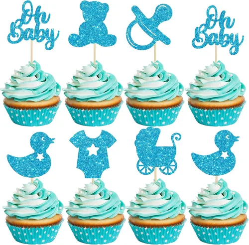 Vista 12 de Gyufise Paquete de 36 adornos para cupcakes Oh Baby ensamblados con texto en inglés "It's a Boy" con corbata, mameluco de amor, corazón, purpurina