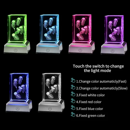 Vista 6 de LONGWIN Figuras de medusas de cristal 3D, luz nocturna multicolor, regalos grabados con láser de vidrio para niños y niñas en cumpleaños, Navidad
