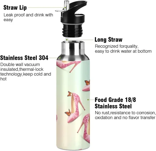 Vista 3 de Elegant Pink Butterflies Insulated Water Bottle 32 Oz Leakproof Water Bottles, BPA-Free Sport Water Bottle