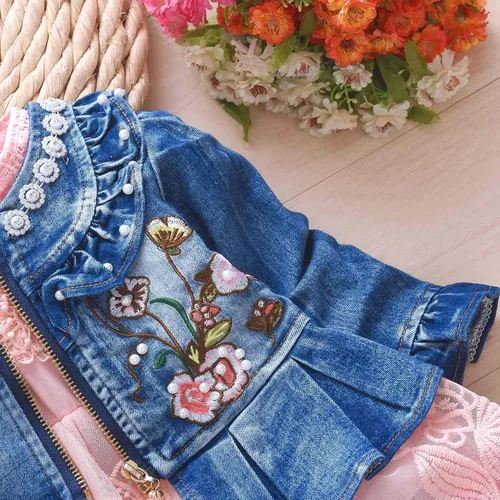 Vista 6 de Peacolate Conjunto de ropa de primavera y otoño para bebé, 3 piezas, camiseta de manga larga, chaqueta de mezclilla y jeans