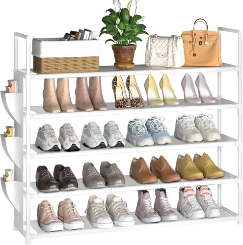 Vista 14 de OYREL Organizador de zapatos de 5 niveles para armario, entrada, garaje, puerta, ahorro de espacio, soporte/torre para zapatos, grande, capacidad