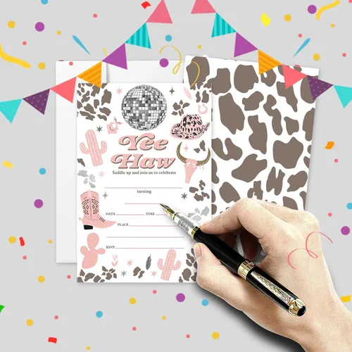 Vista 2 de 20 juegos de invitaciones para fiesta de cumpleaños de vaquera Yee Haw con sobres, bola disco occidental de doble cara impresa, tarjetas