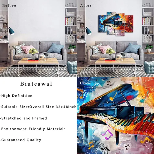 Vista 6 de Biuteawal 4 impresiones en lienzo de piano, notas musicales rojas y azules, arte de pared, teclas de piano, impresiones de imágenes, decoración