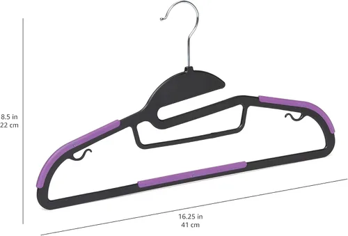 Vista 5 de Amazon Basics Perchas de plástico con revestimiento de goma antideslizante que ahorran espacio con gancho giratorio de 360 grados, negro/morado
