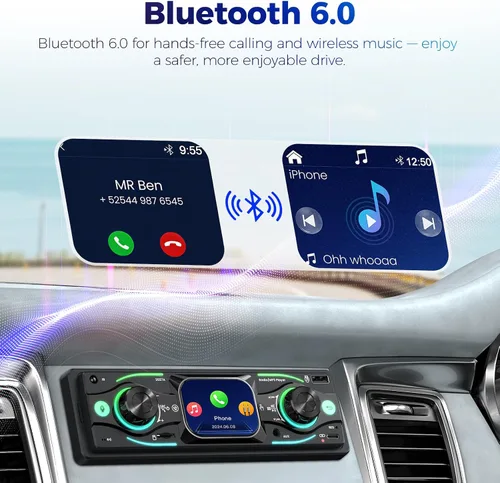 Vista 6 de Estéreo de coche DIN sencillo con pantalla táctil, audio Bluetooth, receptor de radio para coche, entrada dual MP3/USB/SD/AUX, carga rápida