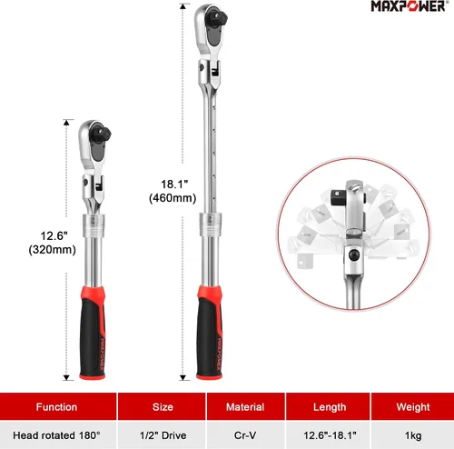 Vista 2 de MAXPOWER Llave de Tubo de cabeza flexible de 1/2 pulgada, función de trinquete reversible de liberación rápida de 72 dientes, mango extensible