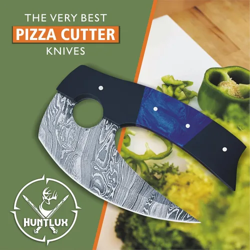 Vista 2 de Damascus Steel Alaskan Ulu con funda, cortador de pizza perfecto de 5.8 pulgadas, picador Mezzaluna para cocina, auténtico diseño esquimal inuit