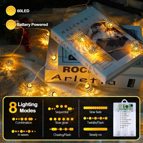 Vista 4 de LORRYTE Luces de Navidad marroquíes para exteriores operadas por batería, 60 LED de 36 pies, luces de globo de hadas con 8 modos de iluminación