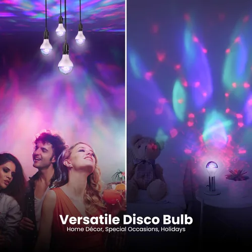 Vista 4 de Feit Electric Bombilla LED A23 giratoria multicolor para fiesta de discoteca, efecto de cambio de color de lente de diamante, base E26, bombilla