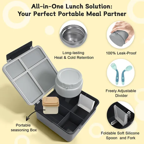Vista 3 de Lonchera para niños con lonchera Bento con tarro de comida de 9 onzas, color negro Contenedor de almuerzo escolar a prueba de fugas de 4 azul