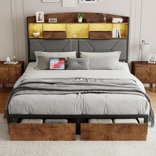 Vista 8 de DOGIBIXO - Marco de cama de tamaño matrimonial color negro con 4 almacenamientos, base de cama tapizada de terciopelo con cabecero capitoné
