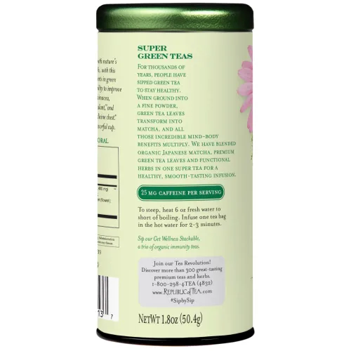 Vista 3 de The Republic of Tea Té verde SuperGreen de inmunidad orgánica, 36 bolsas de té, apoyo para el bienestar, sin gluten