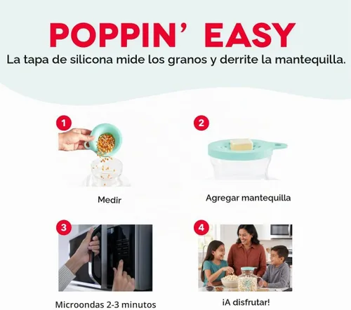 Vista 5 de Dash Palomitas de maíz para microondas, práctica máquina para hacer palomitas de maíz con tapa de silicona para derretir mantequilla, fácil de usar